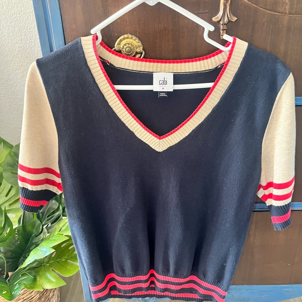 CAbi #6171 TV Pullover Fall Short Sleeve Sweater Navy Tan Medium